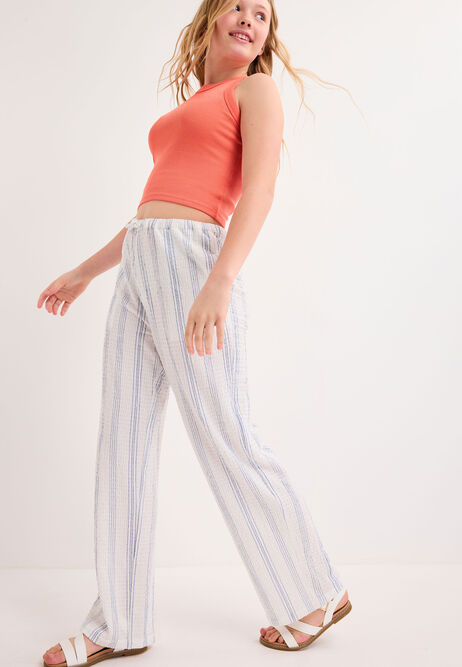 Older Girls White Stripe Crinkle Wide Leg Trousers