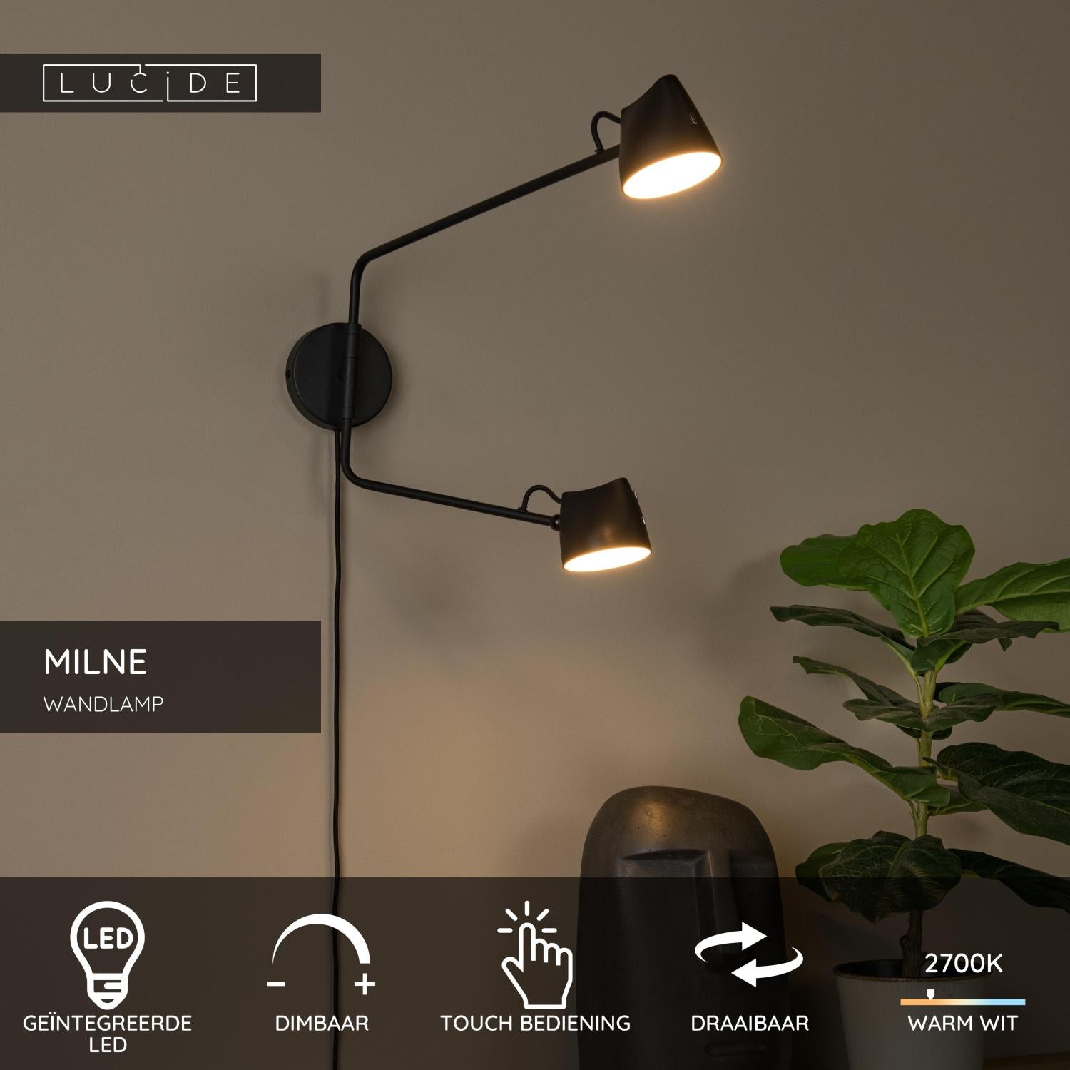 Lucide MILNE Wandlamp - Zwart