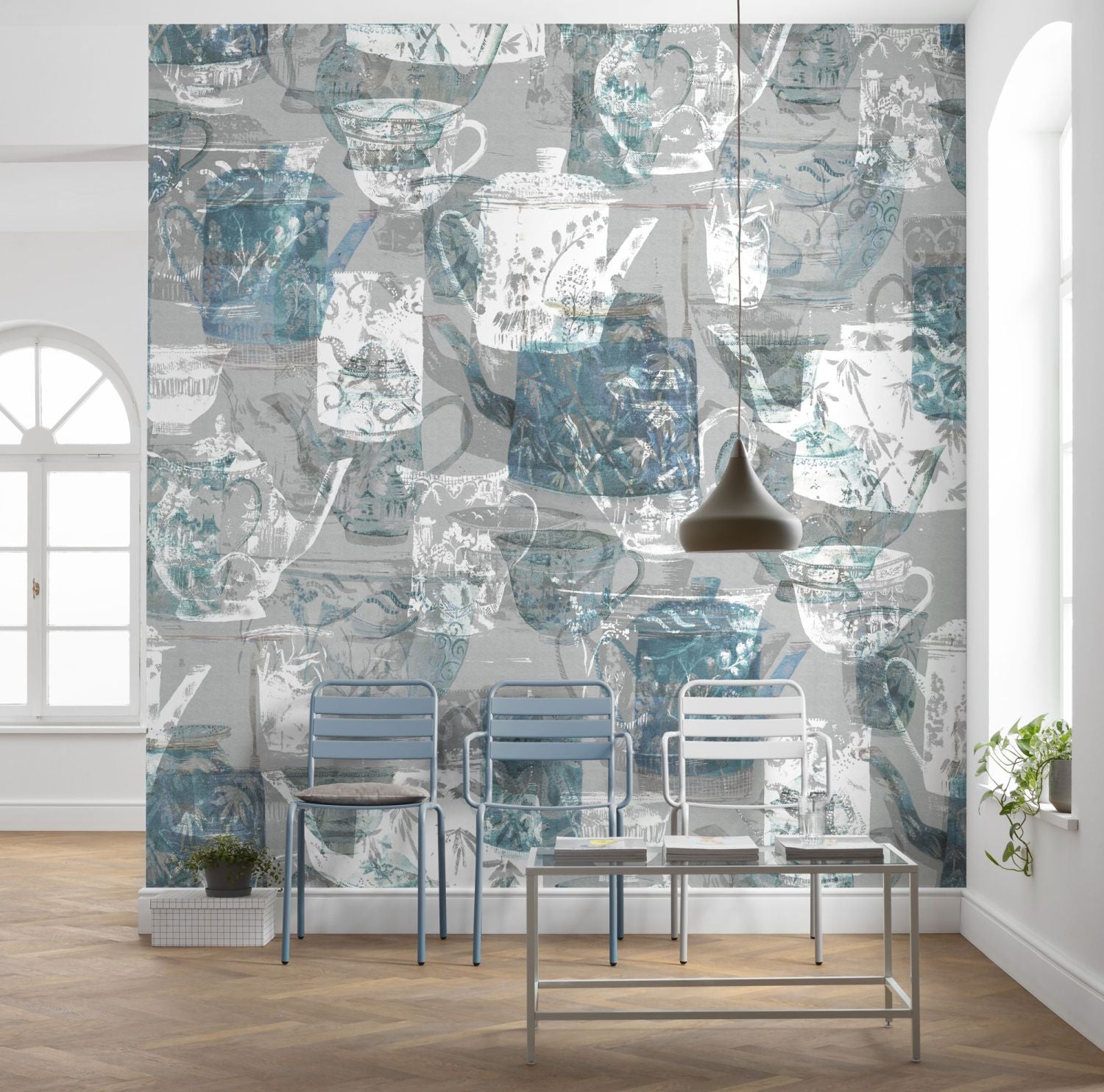 Sanders & Sanders fotobehang theekopjes grijs en blauw - 300 x 280 cm - 612417