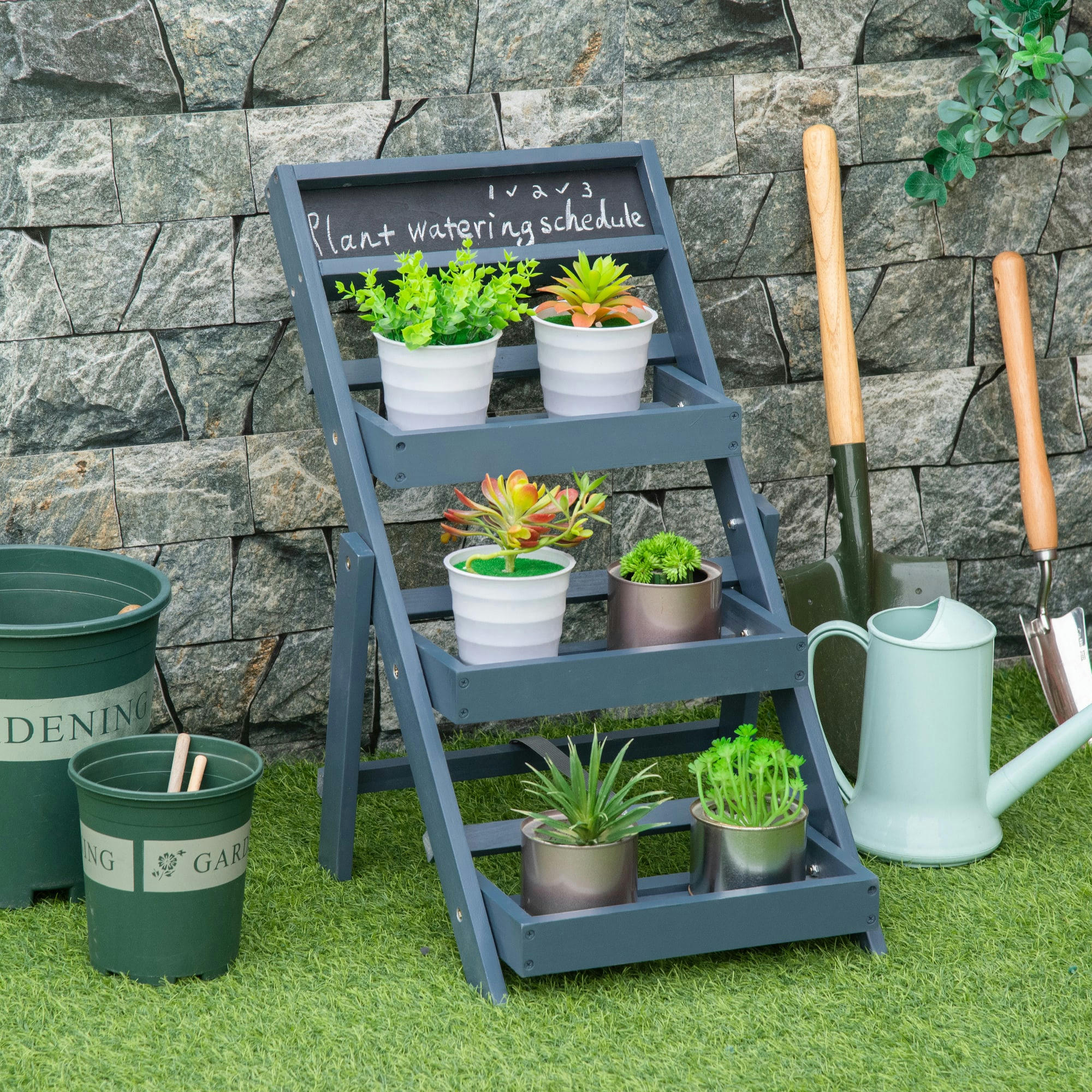 - Étagère échelle à fleurs pliable tableau noir intégré bois sapin gris