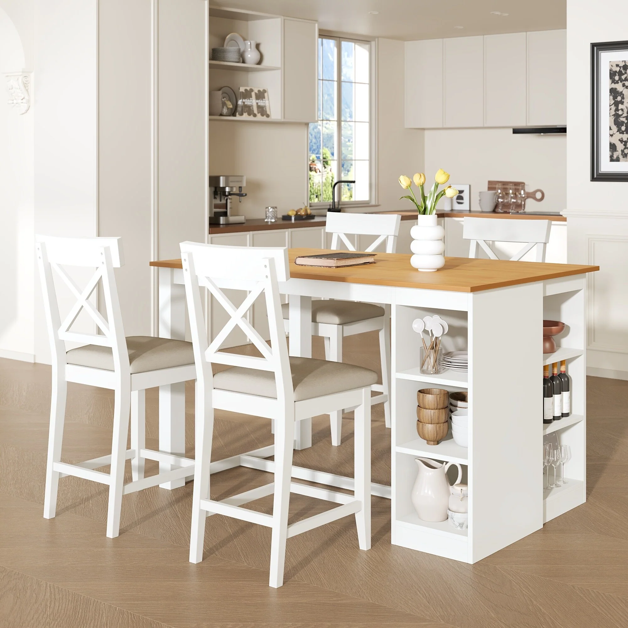 Roomfitters 5-Piece 60 Solid Wood Farmhouse Counter Height Dining Set with Storage Shelves