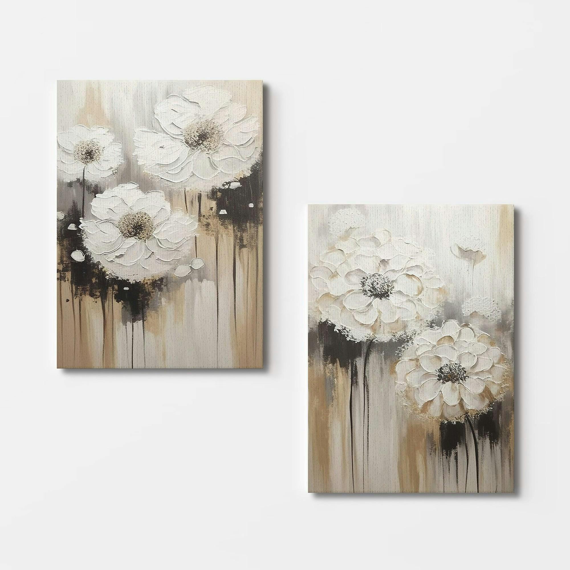Tableau de fleurs blanches en relief – déco murale moderne (set de 2)