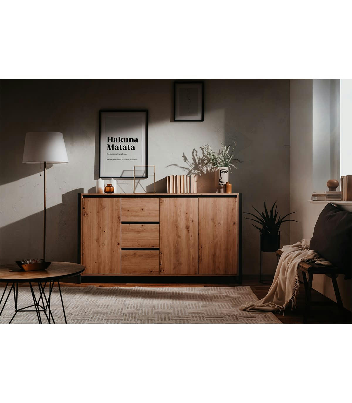 DENVER - Buffet Bas 3 portes 3 tiroirs L160 cm - Décor Bois Clair