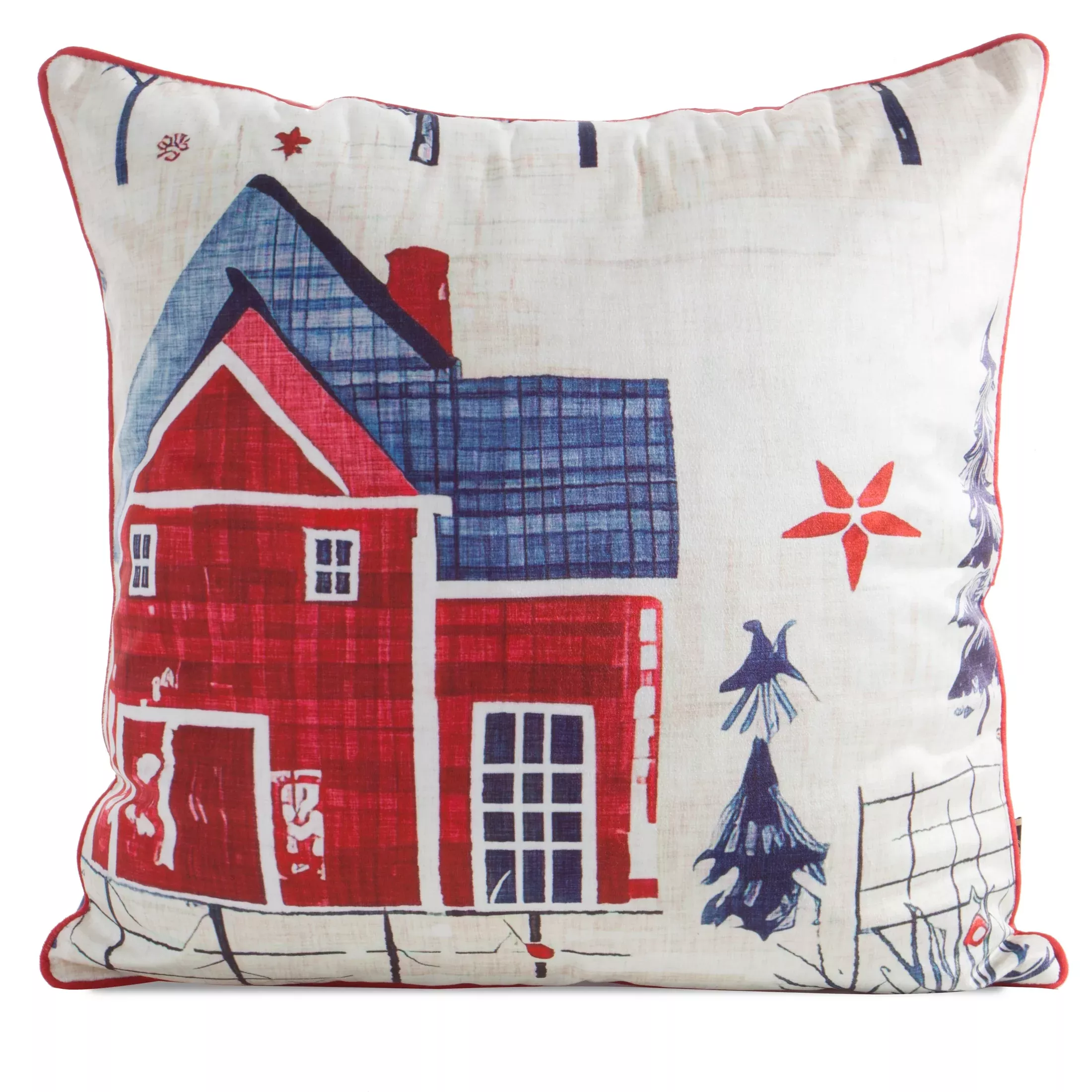 Poszewka na poduszkę świąteczna 45x45 cm czerwono, granatowa zdobiona uroczym nadrukiem i elegancką wypustką