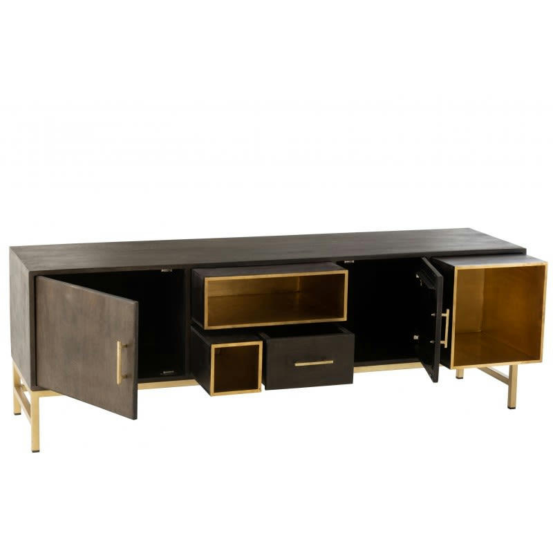 JANIS - Buffet 2 portes 1 tiroir en bois de manguier marron et métal or