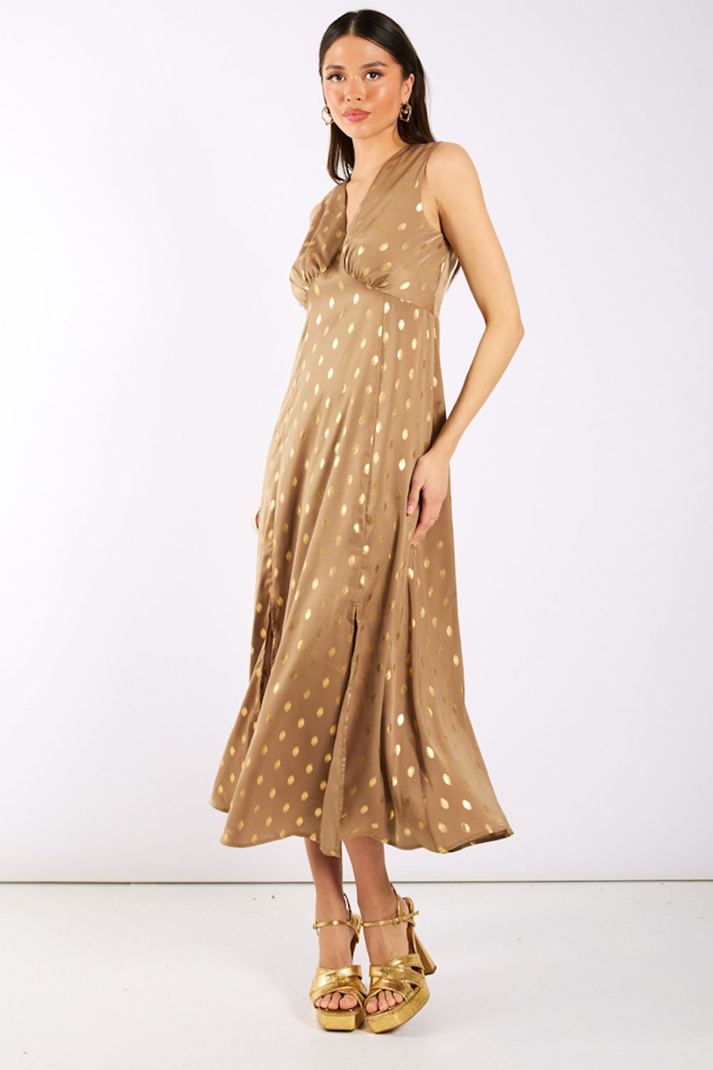 Needs No Label Light Brown Foil Satin Midi Dress
