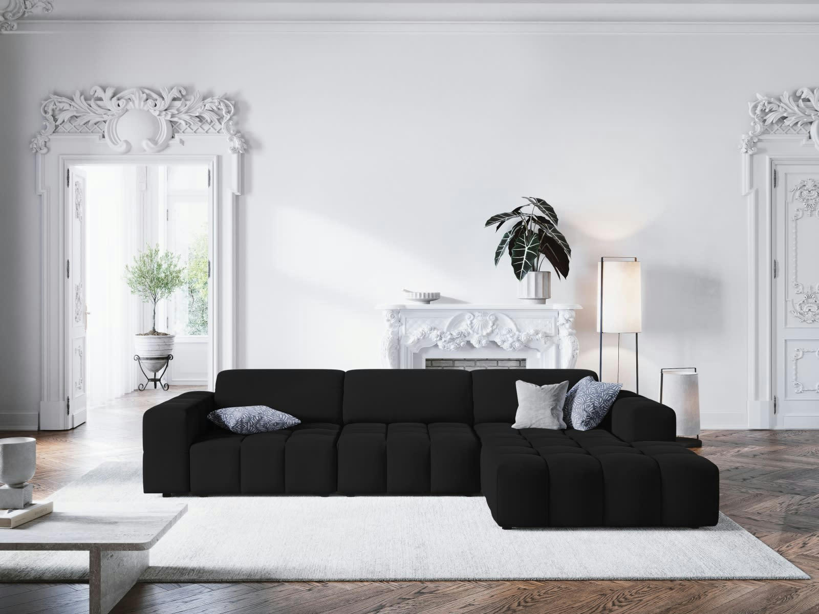 LUC - Canapé d'angle droit 4 places en tissu velours noir