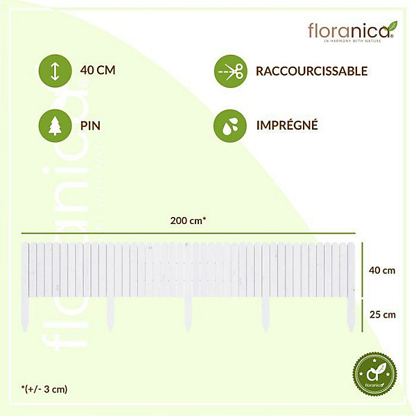 Floranica Bordure de Jardin Flexible 40 x 200 cm Blanc Clôture de Pelouse en Bois, Palissade de Jardin Extérieur