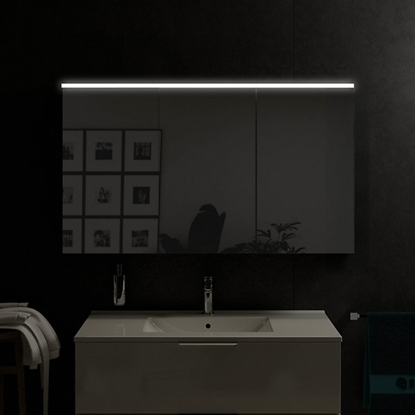 Armoire de toilette suspendue Chêne miel 120x18x70cm (LxPxH) 2 portes miroir, éclairage LED, tablettes en verre - SOLO