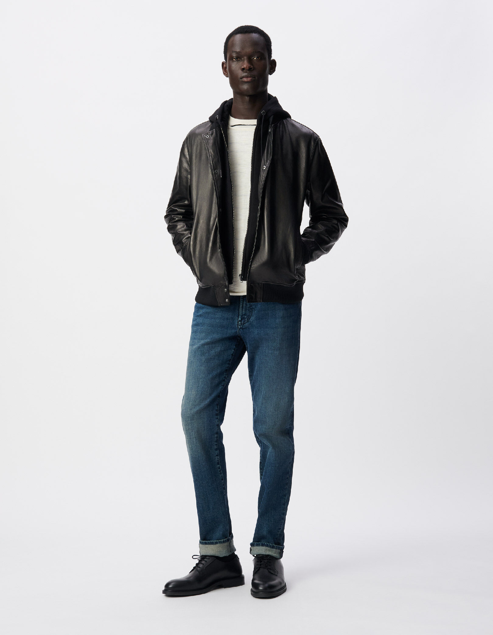 Bomber noir en cuir à parmenture amovible Homme
