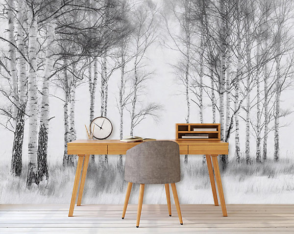 Papier Peint Forêt Arbres Noir et blanc Intissé Panoramique Pour Chambre Cuisine 400x280 cm
