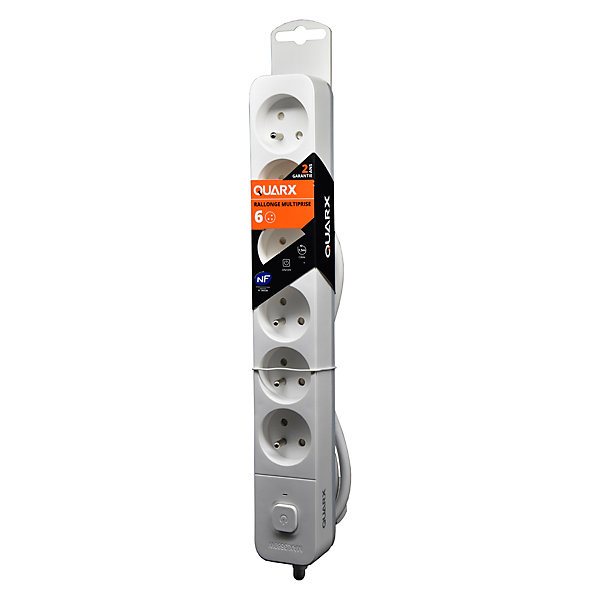 Multiprise avec interrupteur 6 prises 2 pôles   terre Quarx blanc / gris 1.5 m
