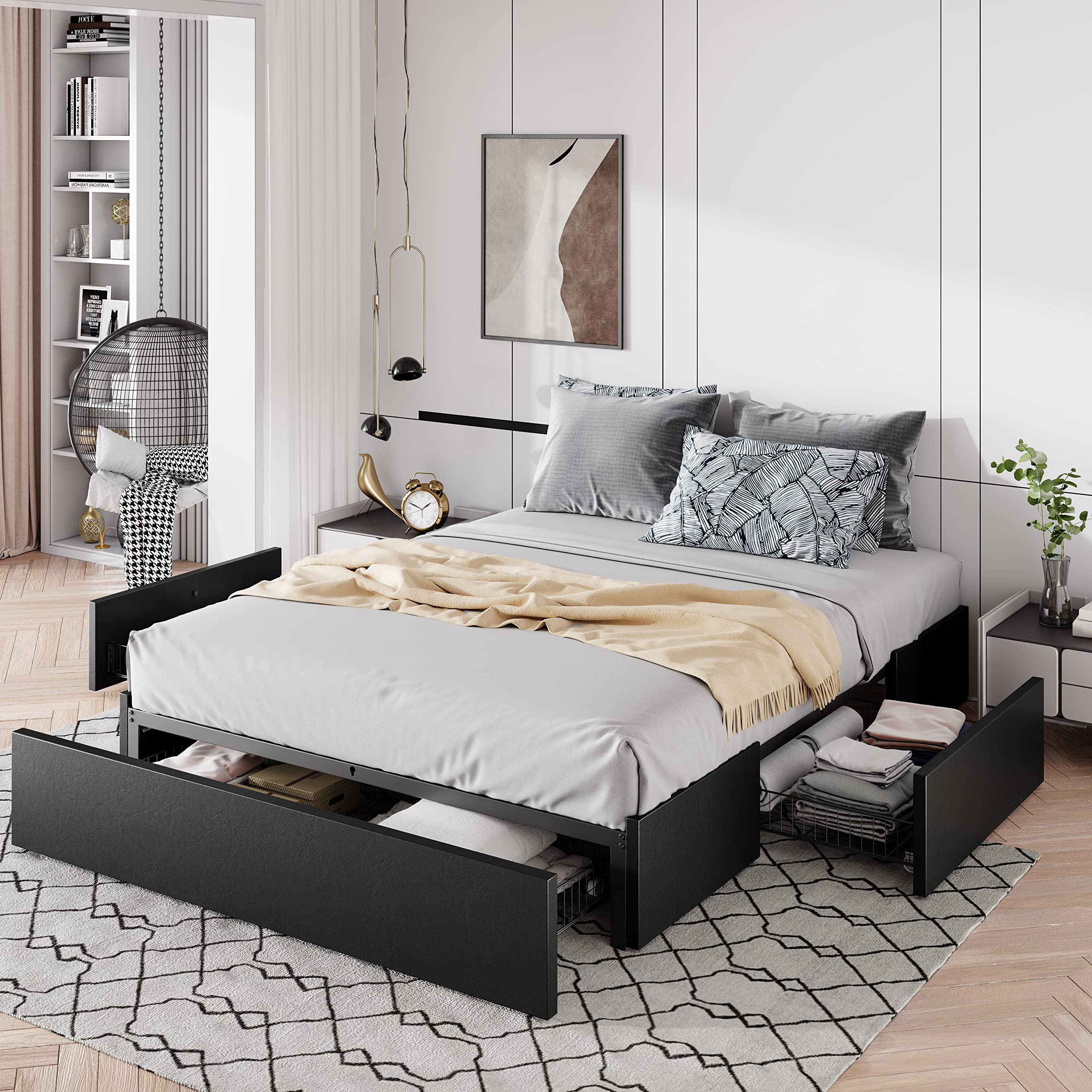 Allewie Queen Size Platform Bed Frame with 3 Storage Drawers