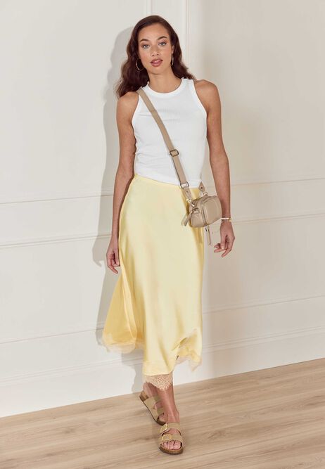 Womens Lemon Lace Hem Satin Midi Skirt
