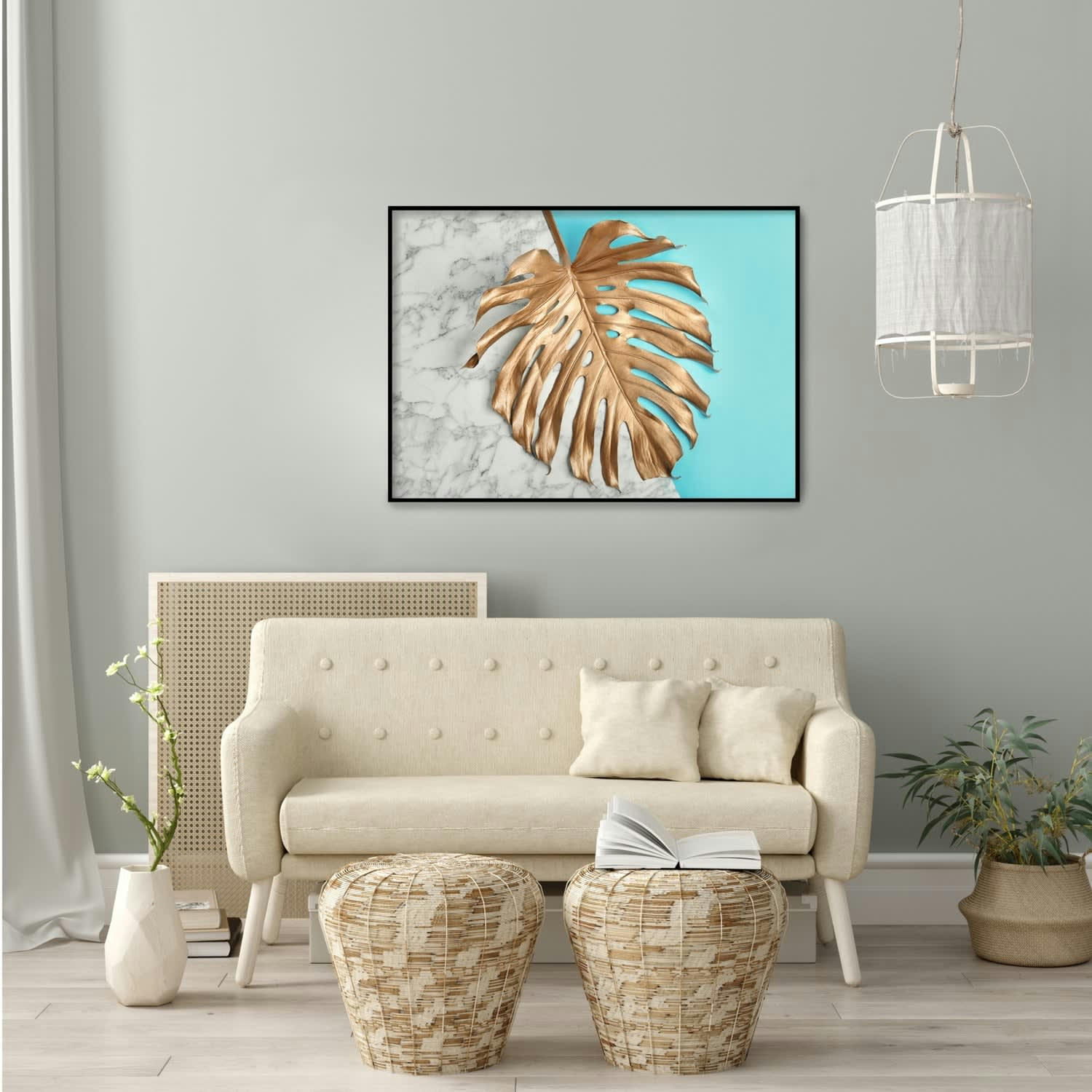 MONSTERA - Affiche avec cadre noir - Feuille d'or - 30x40