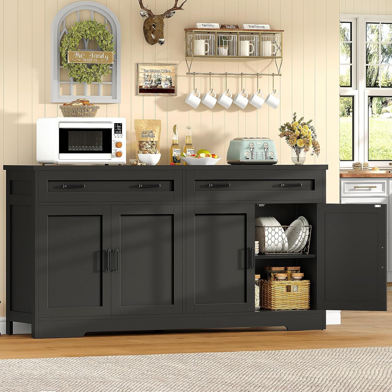 usikey 63 Buffet Cabinet with Storage, Large Sideboard Buffet Cabinet with 2 Adjustable Shelves and 4 Doors, Modern Farmhouse Coffee Bar for Kitchen, Living Room, Black