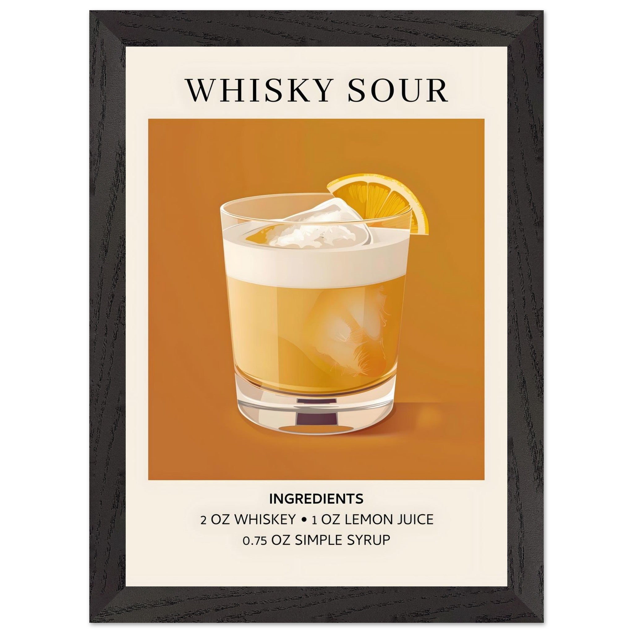 Artfulprints Poster met Lijst Whisky Sour cocktail - Ingrediënten  - A4 21x29.7 cm - Oranje