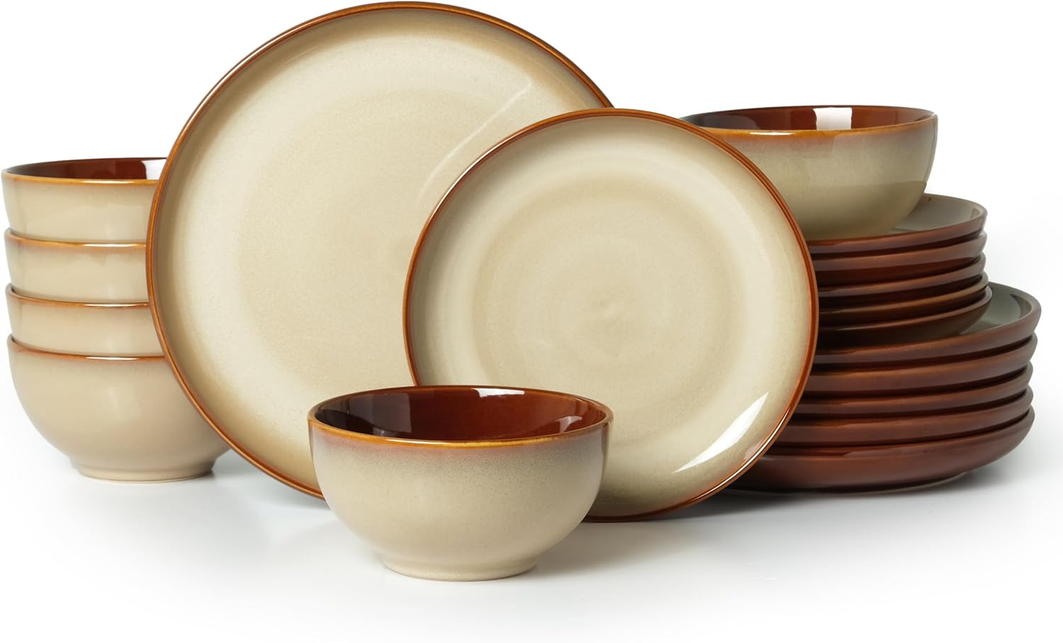 Pokini Ceramic Dish Set for 6, 18 Piece Dinnerware Set for Small to Medium Families, Reactive Glaze Design, Dishwasher & Microwave Safe, Brown Yellow