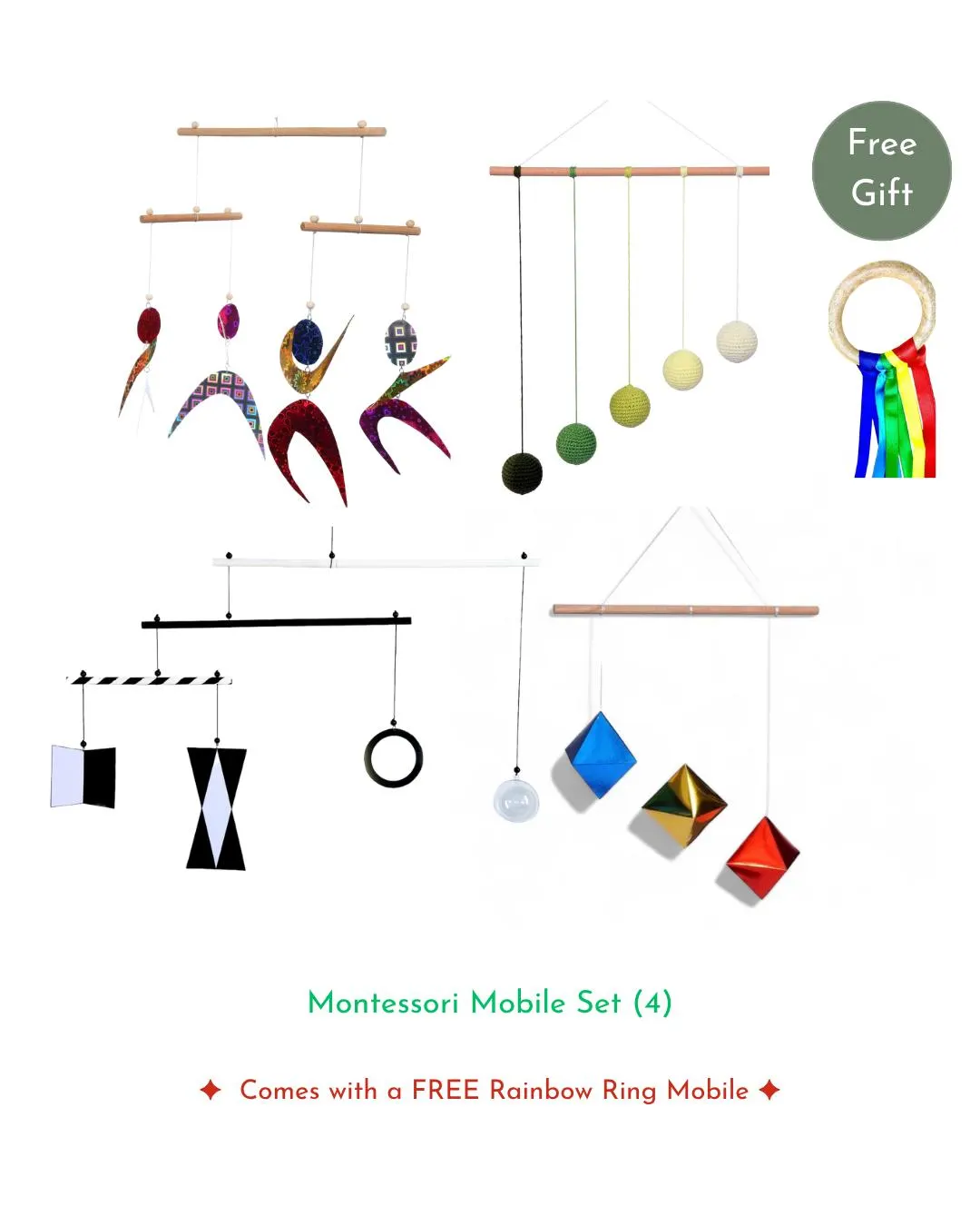 Montessori Set of 4x, Montessori Mobile Set, Montessori Baby, Newborn Montessori, Hanging Mobile, Ready to hang mobiles,