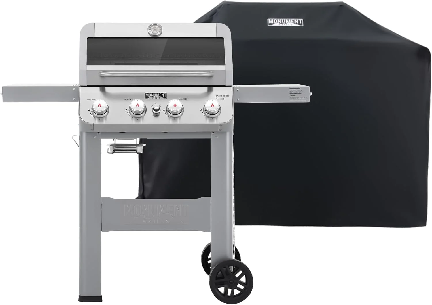 Grills 4-Burner Liquid Propane Gas Grill, Silver Stainless Steel Grill Outdoor Patio Garden Barbecue Grill with Clearview? Lid and One Foldable Shelf, Mesa400MF(M420MF with BBQ Cover)