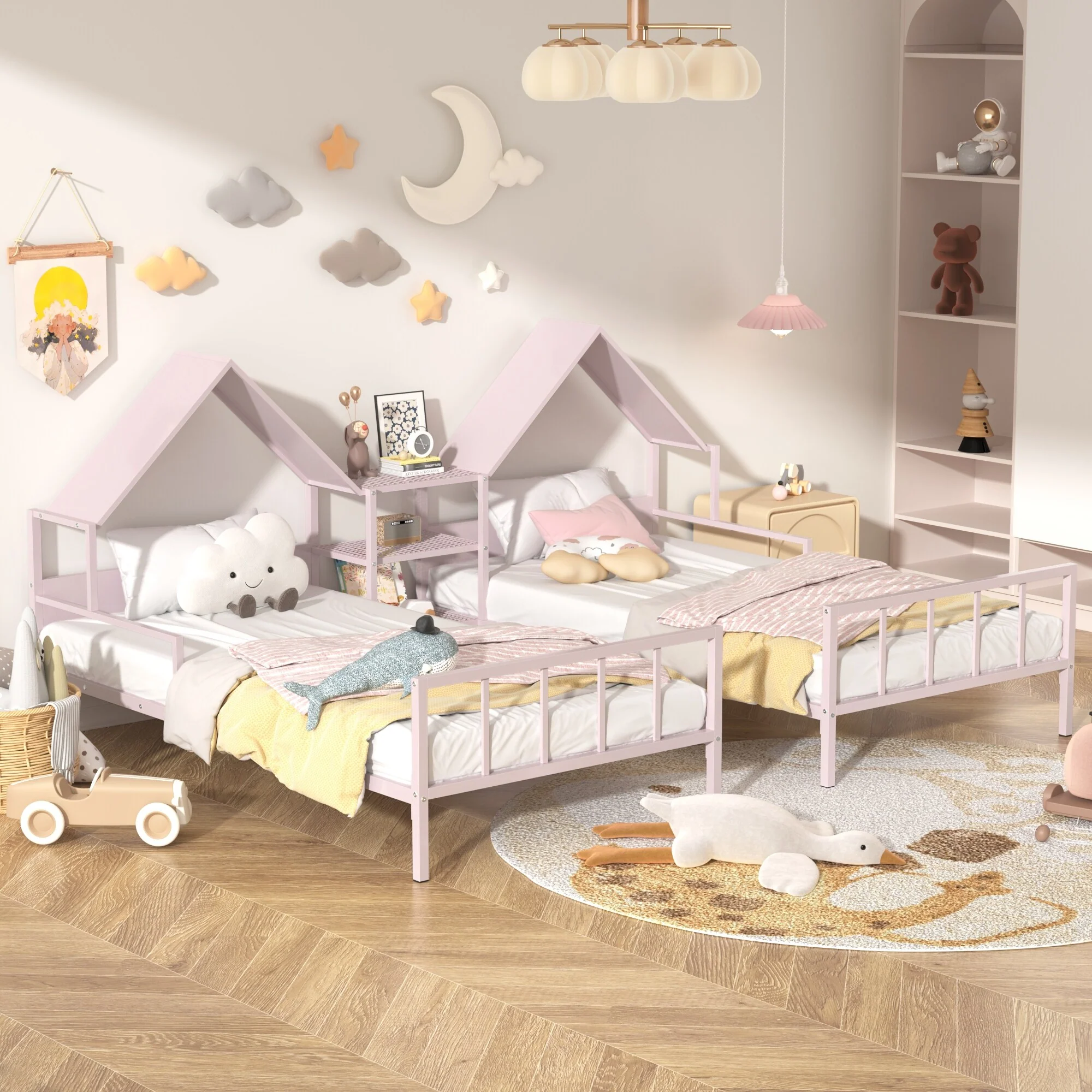 Twin Size Metal Double Platform Bed with House-shaped Headboard