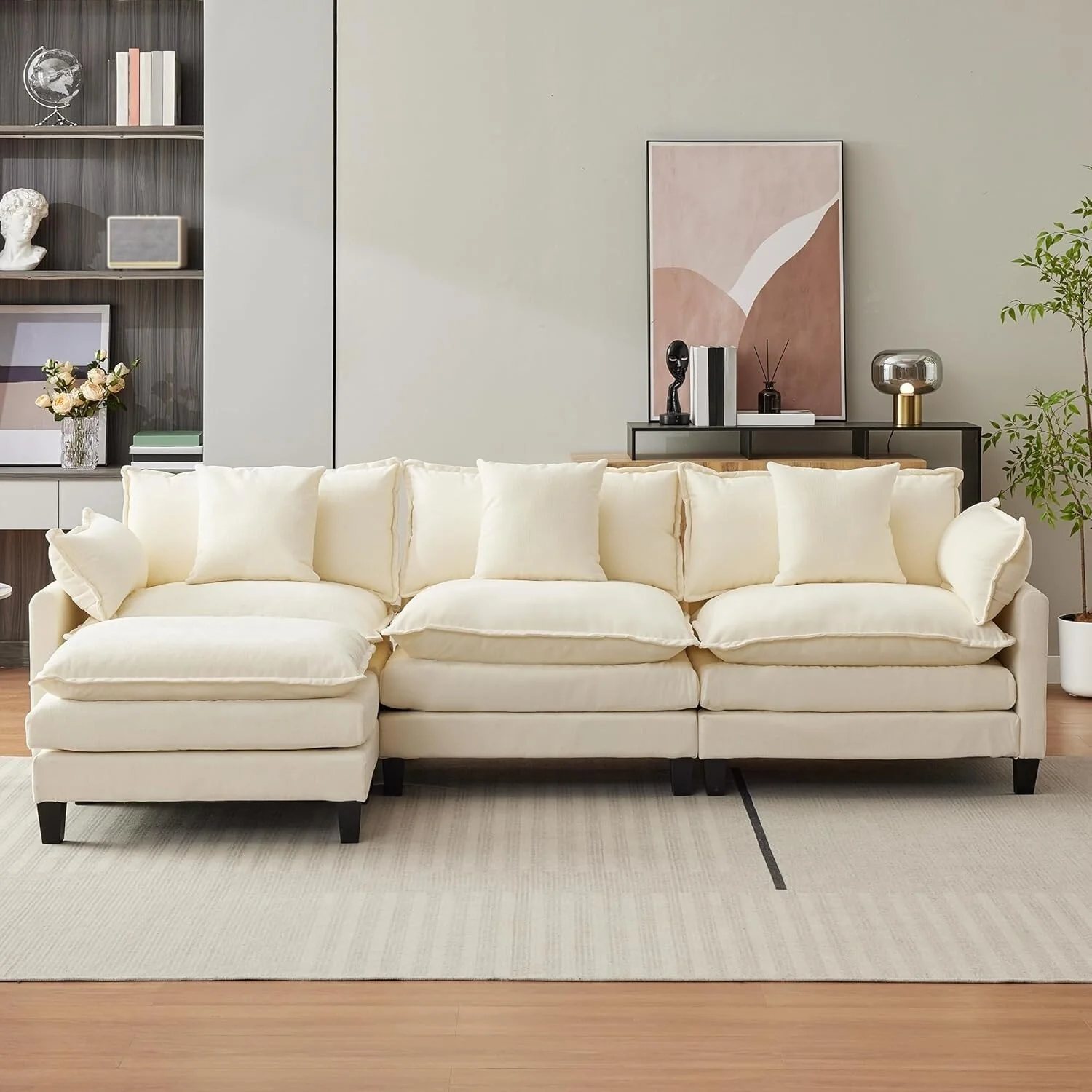 112.2 Sectional Cloud Couch, Modular Sectional Couches Sofa for Living Room with Movable Ottoman, 3-Seater Chenille
