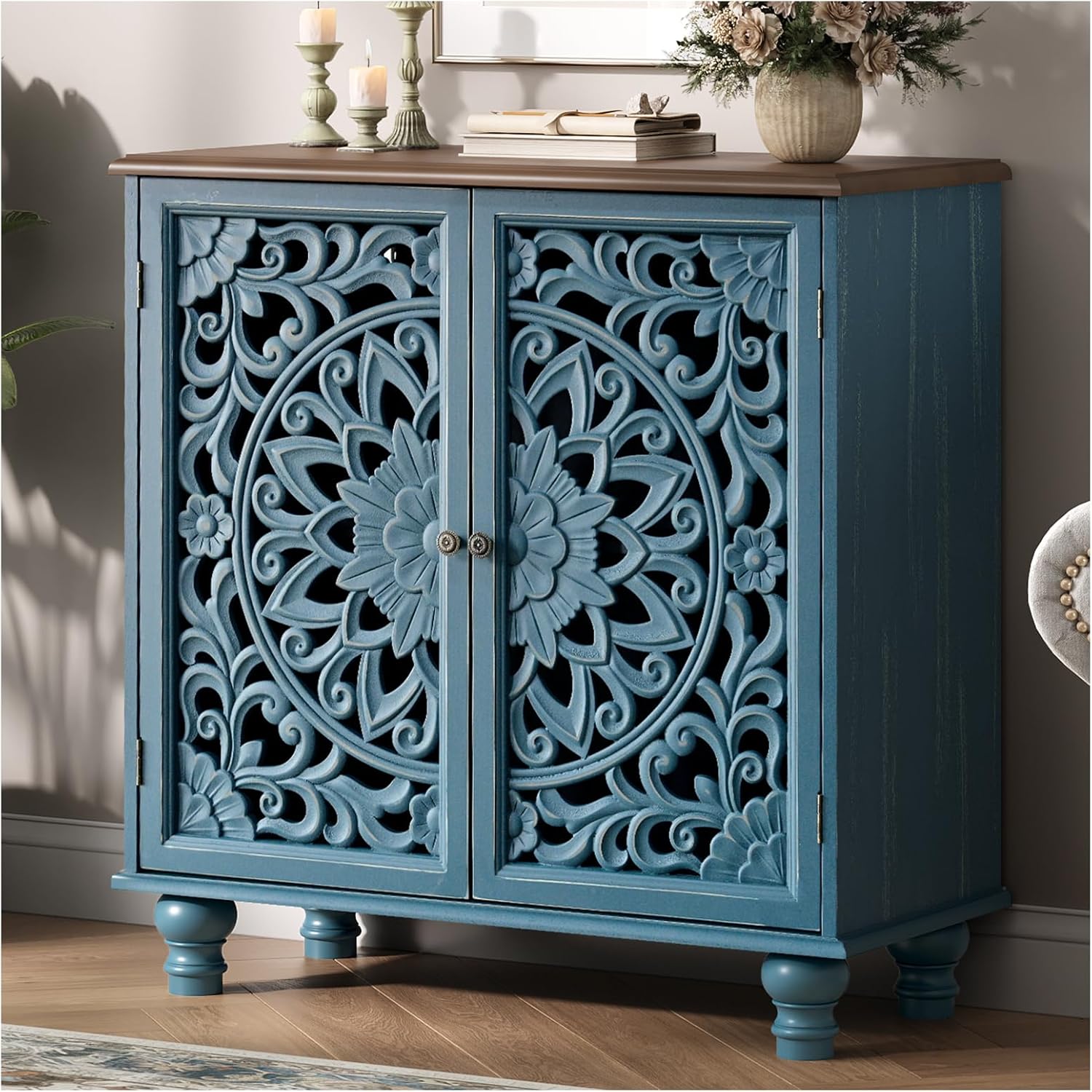 JOINICE Blue Accent Cabinet with Carved Doors, 31 Storage Cabinet for Entryway & Living Room, Vintage Sideboard Buffet Table with Adjustable Shelf, Solid Wood Legs, Boho Home Decor
