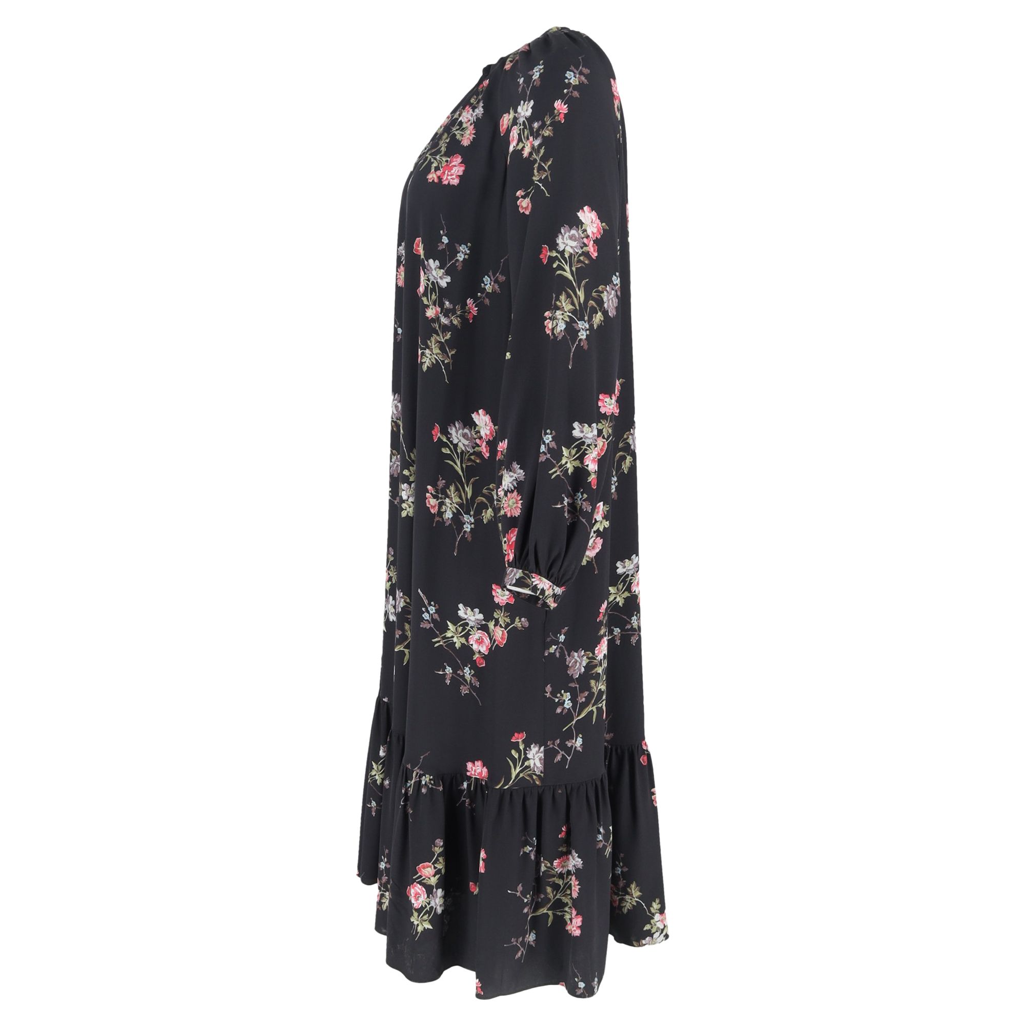 Celine Preloved Floral-Print Long Sleeve Midi Dress in Black Silk