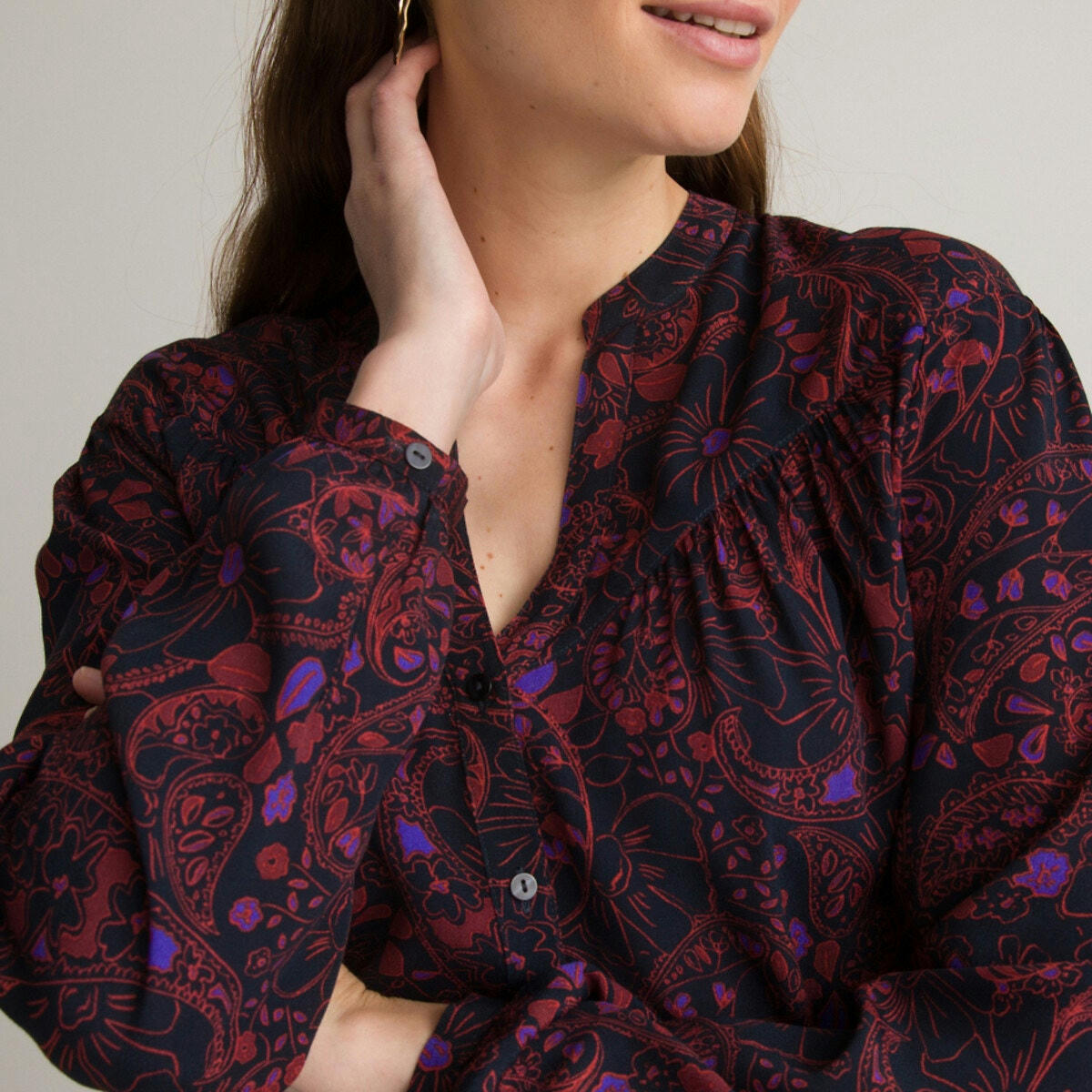 Blouse col rond imprimé cachemire, manches longues