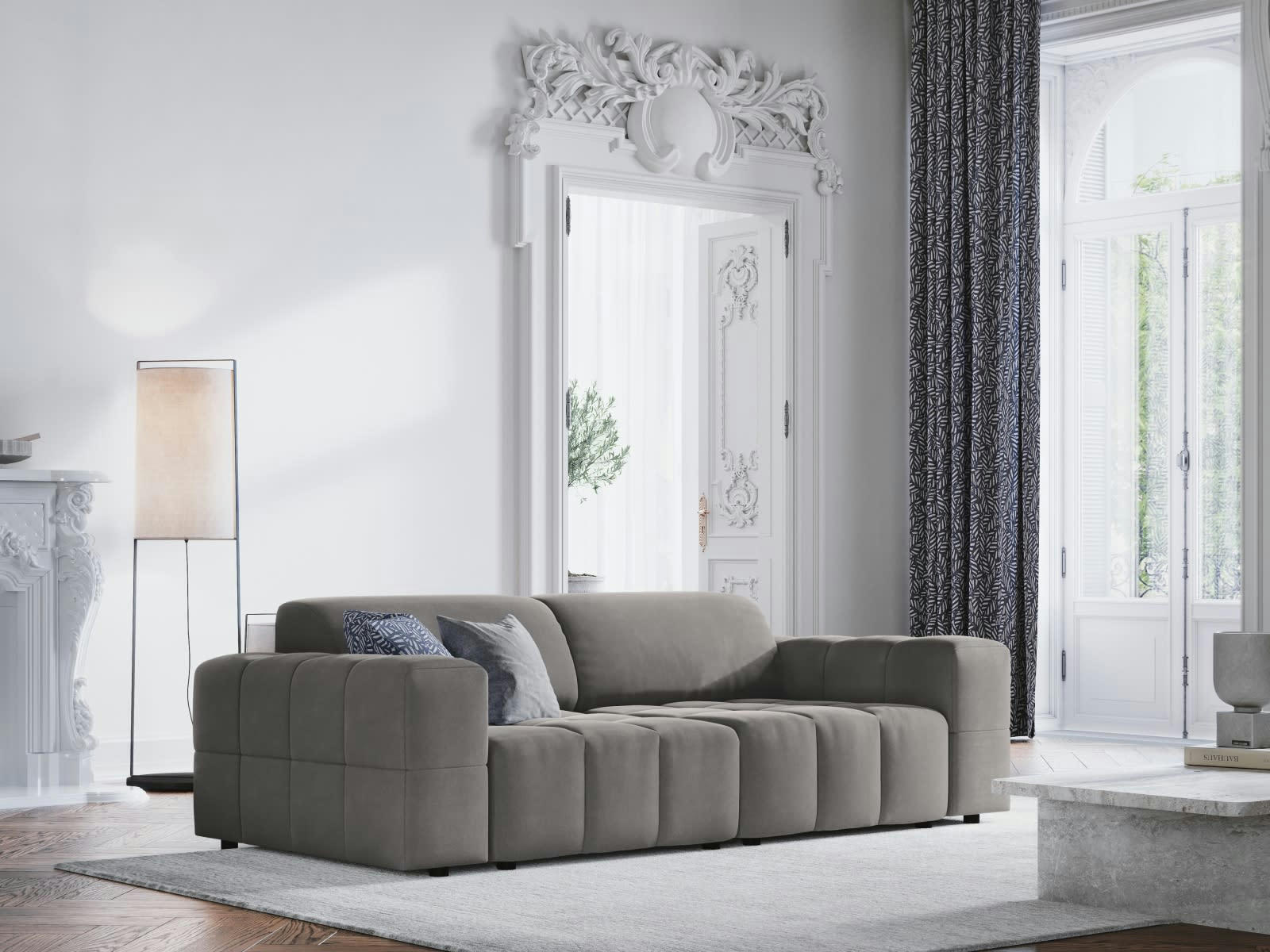 LUC - Canapé 3 places en tissu velours gris clair