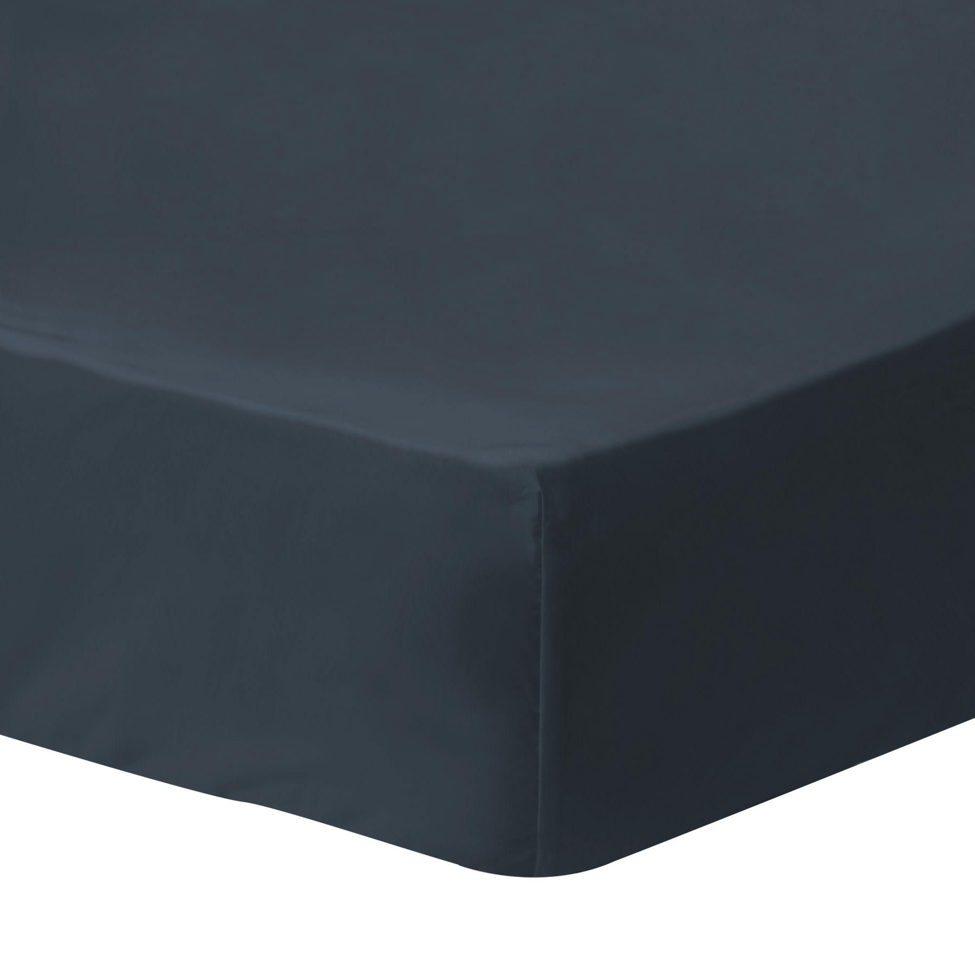 COTON LAVÉ - Drap-housse uni en coton lavé Bleu Nuit 90x190/200cm - Bonnet 30cm