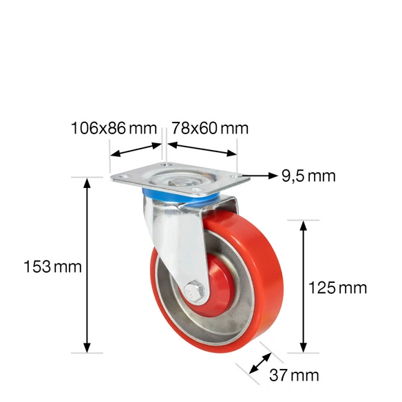 Lenkrolle, silberfarben/rot, BxH: 37 x 153 mm, max. Tragfähigkeit: 300 kg