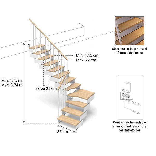 Escalier quart tournant 10 marches - Hauteur à franchir de 1.93 à 2.42m - Largeur 85 cm - Bois et blanc - Rampe horizontale -