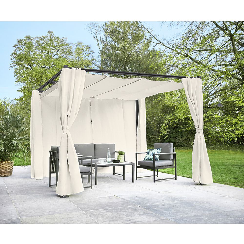 Tonnelle carrée Rome toit rétractable et rideaux écru UPF50  285x285xH220cm 8,1m&sup2;