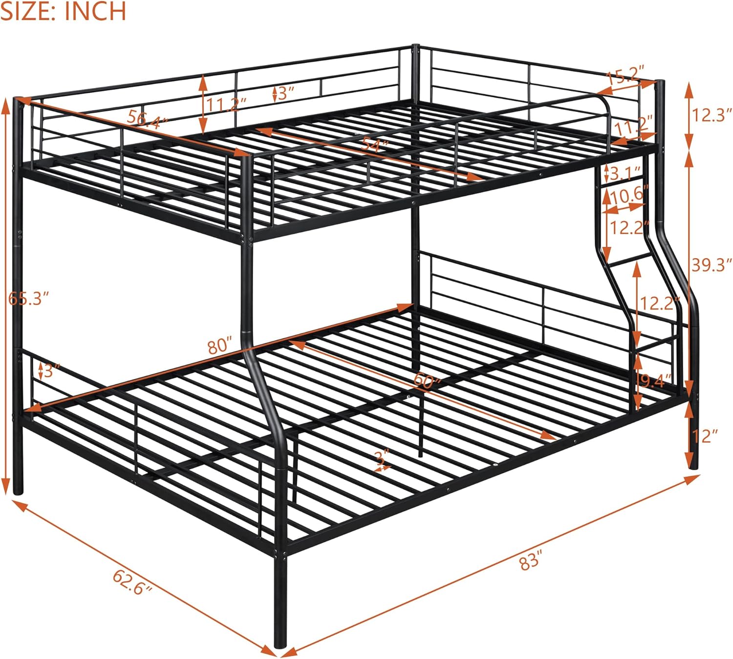 Full XL Over Queen Metal Bunk Bed,Heavy-Duty Metal Bunk Bed Fame with Ladder&Full-Length Guardrails,Convertible into 2 Individual Twin Beds for Kids,Teens,and Adults,Under-Bed Storage Space,Black