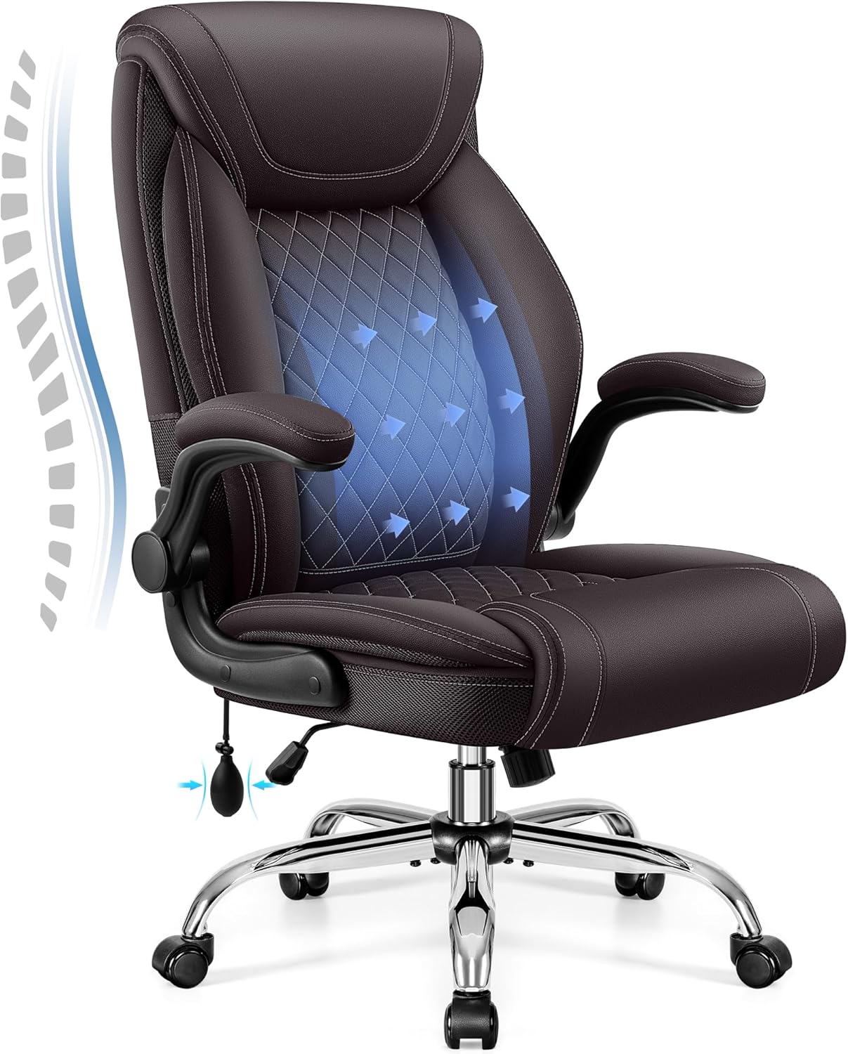 Office Chair, Big and Tall Ergonomic Desk Chair, Executive Leather Computer Chair with Adjustable Lumbar Support, Comfy Gaming Chair with Flip Up Arms, Swivel PC Chair with Rocking Function, Coffee