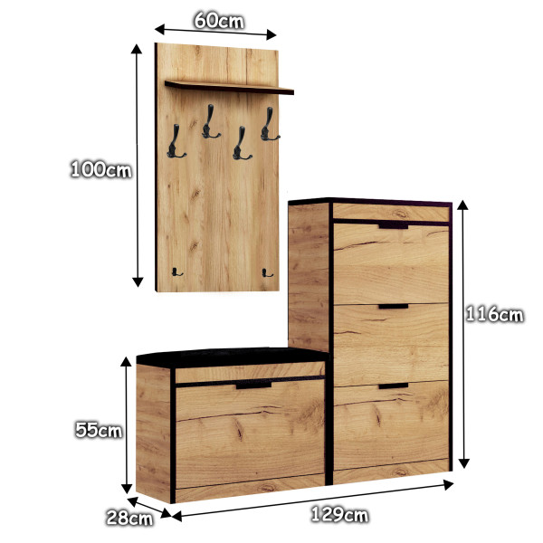 Zestaw Do Przedpokoju 13W11C Dąb Craft Złoty/Czarny/K 129X28X- Cm Welur