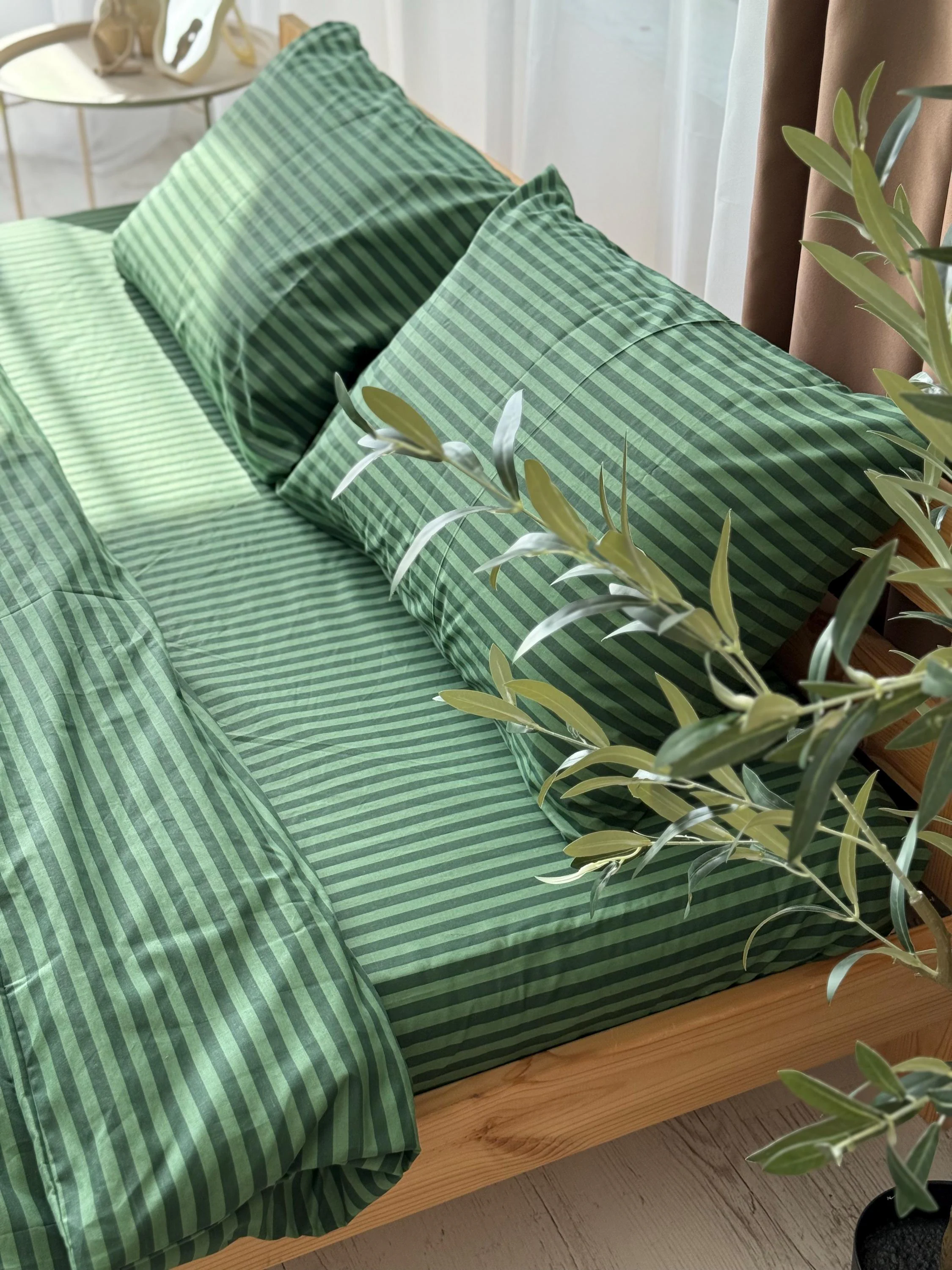 Green Stripe Cotton Duvet Cover Set with Striped Pillowcases, Aesthetic Bedroom Decor