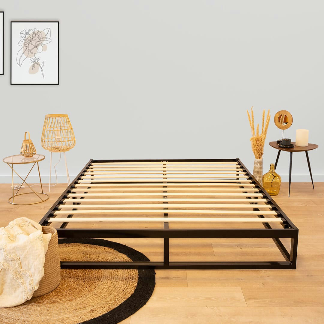 LEONIDAS - Sommier à lattes en métal  140x190  Coloris Noir  Livré en kit