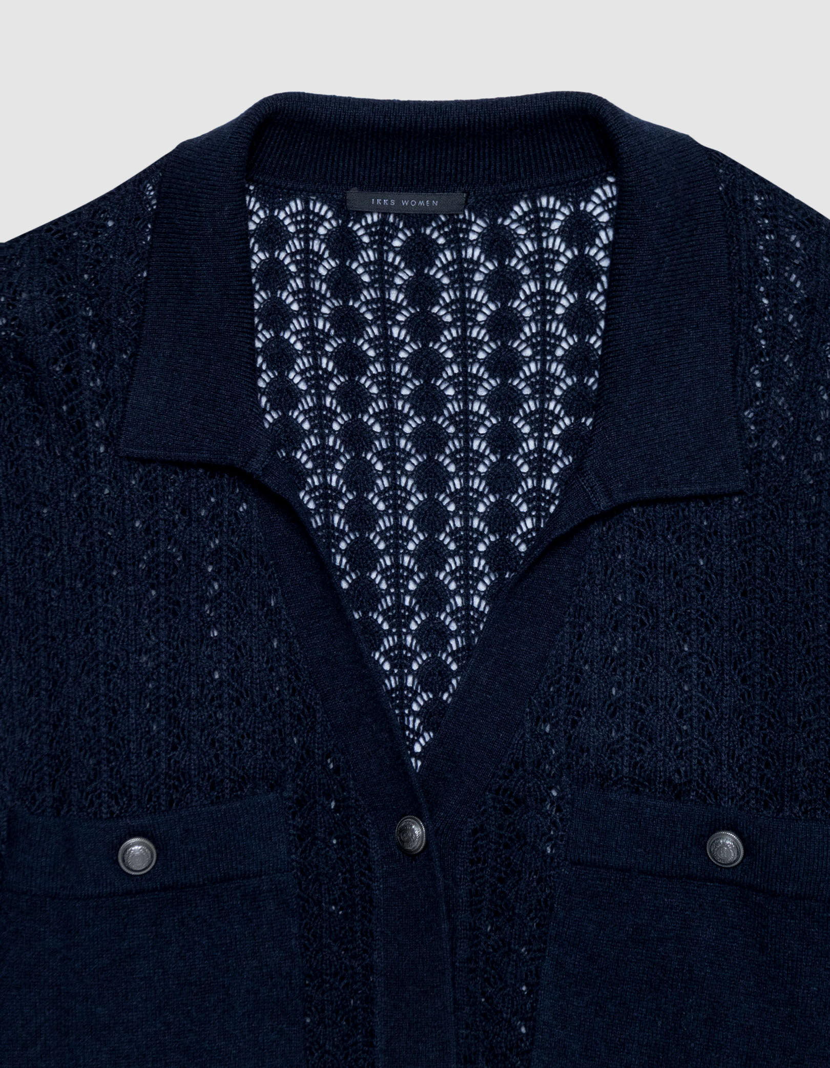 Cardigan court marine tricot fantaisie ajouré Femme