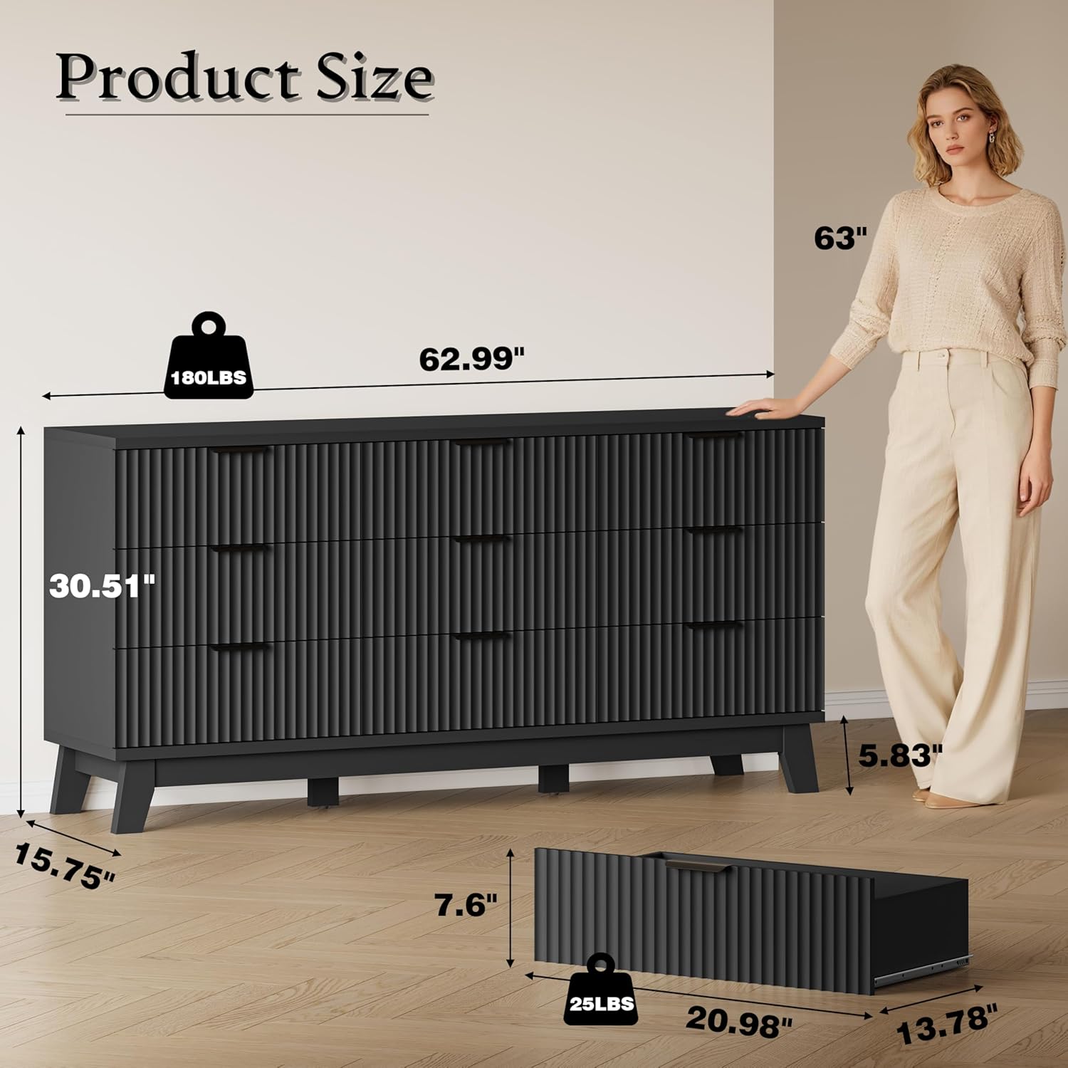 63 Long Dresser for Bedroom, 9-Drawer Fluted Dresser, Extra-Wide Wood Chest of Drawers with Smooth Metal Slides, Stable Base, Modern Clothes Storage Cabinet for Living Room, Hallway, Nursery