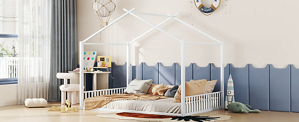 Lit Polster 140x200cm, Métal, Lit Enfant, Maison, Design Minimaliste, Blanc