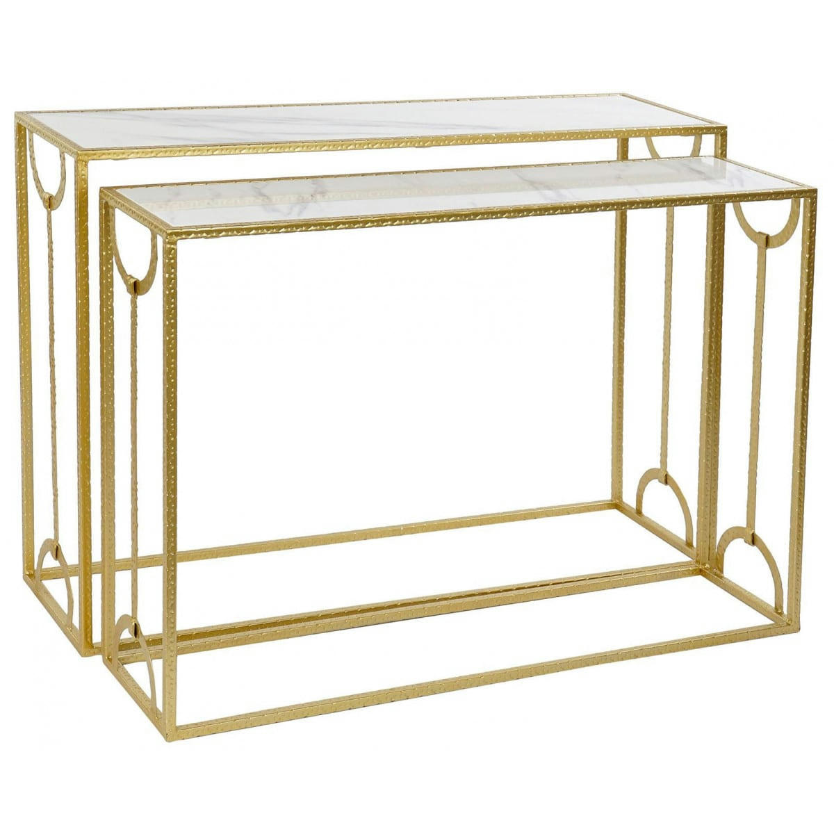- Set de 2 Consoles métal doré et plateaux marbre - 110x32.5x83.5cm