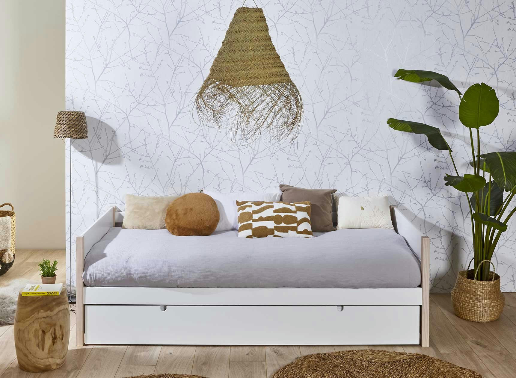 TYKO - Lit gigogne banquette 90 x 190 Blanc et Pin