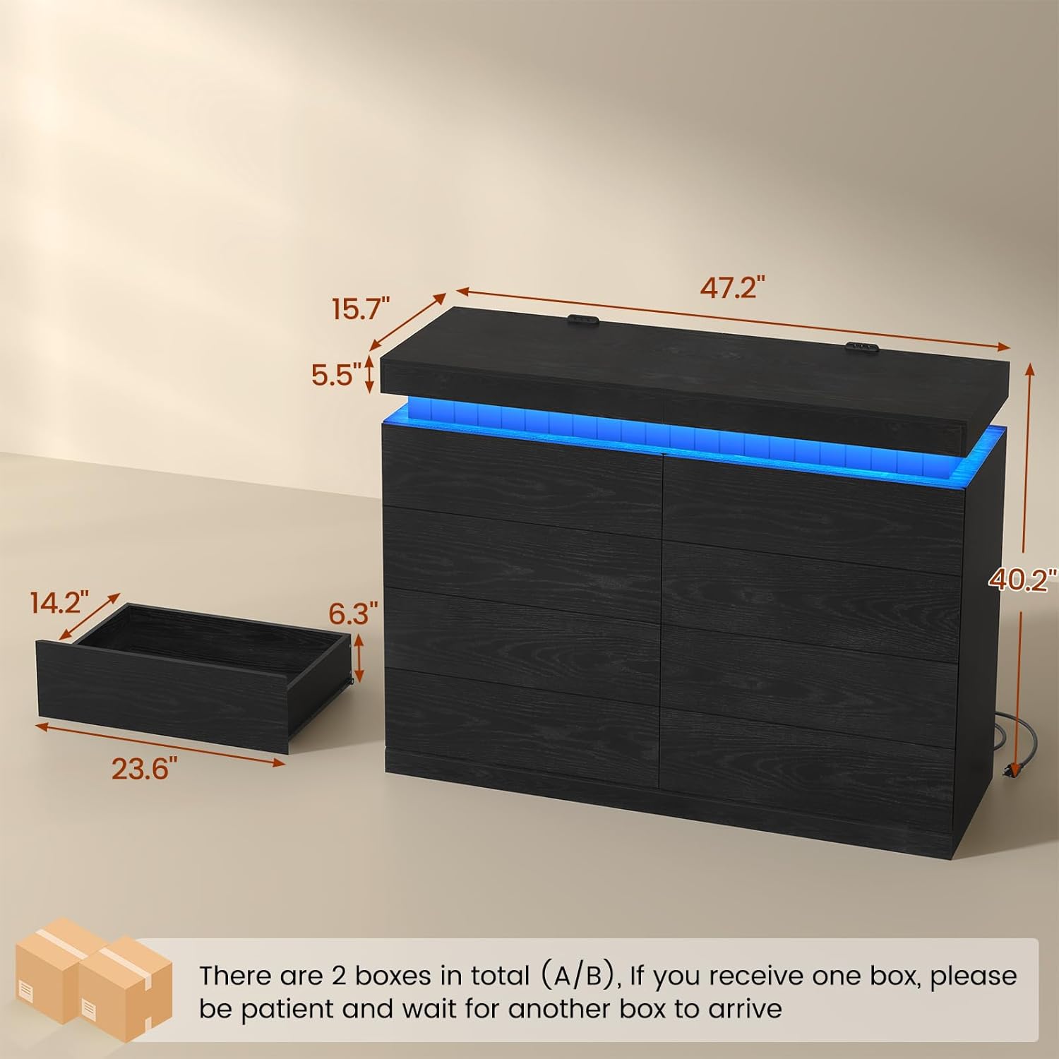Tall Black 8 Dresser for Bedroom, Sliding Top Storage Space, Modern Wood Drawers with LED Light and Power Outlet, Large Chest of Drawer for Living Room, Hallway, Entryway (8 Drawers,Black)