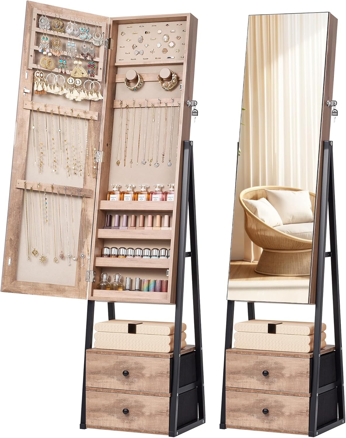 Nicetree Jewelry Cabinet Armoire with 2 Drawers,Standing Jewelry Mirror Cabinet, Full Length Mirror with Jewelry Storage, Lockable Jewelry Organizer with Mirror, Oak