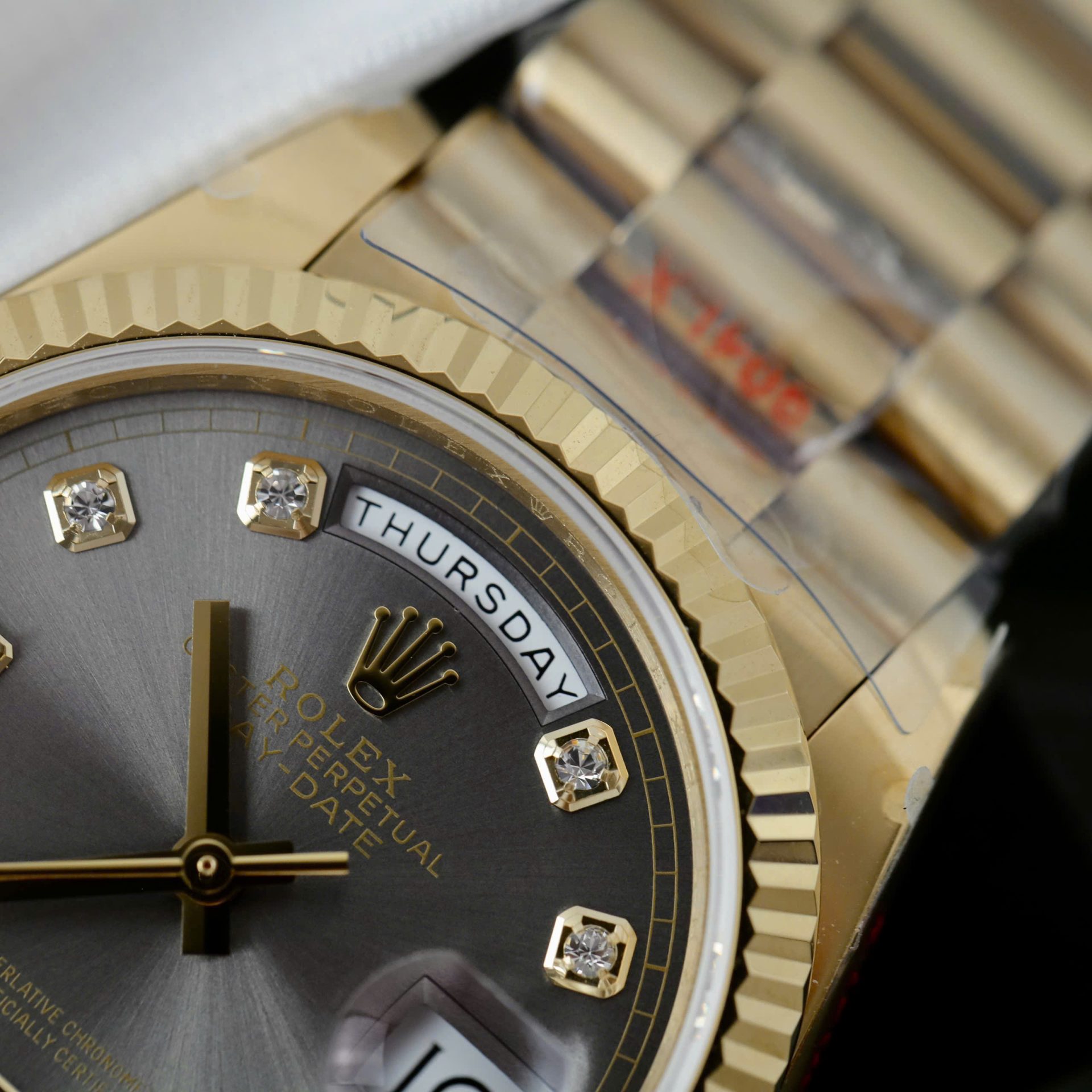 Rolex Day-Date 128238 YG Plated Grey Dial CZ Diamonds 36mm Super Clone