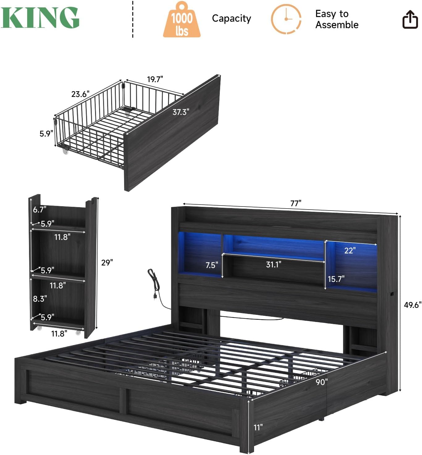 AMERLIFE King Size Bed Frame with 4 Storage Drawers, LED Bed Frame with 49.6 Tall Bookcase Headboard, Wood Platform Bed with Charging Station & 2 Slide Bedside Shelf, No Box Spring Needed/Black