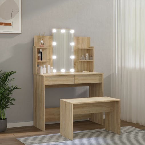 NNEVL Dressing Table Set with LED Sonoma Oak Engineered Wood