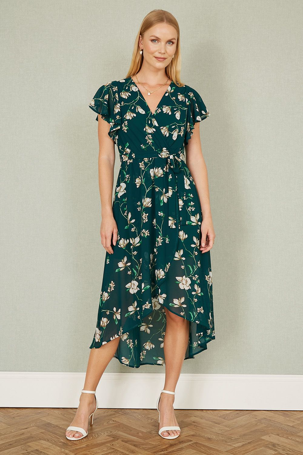 Yumi Yumi Green Floral Wrap Midi Dress With Frill Hem